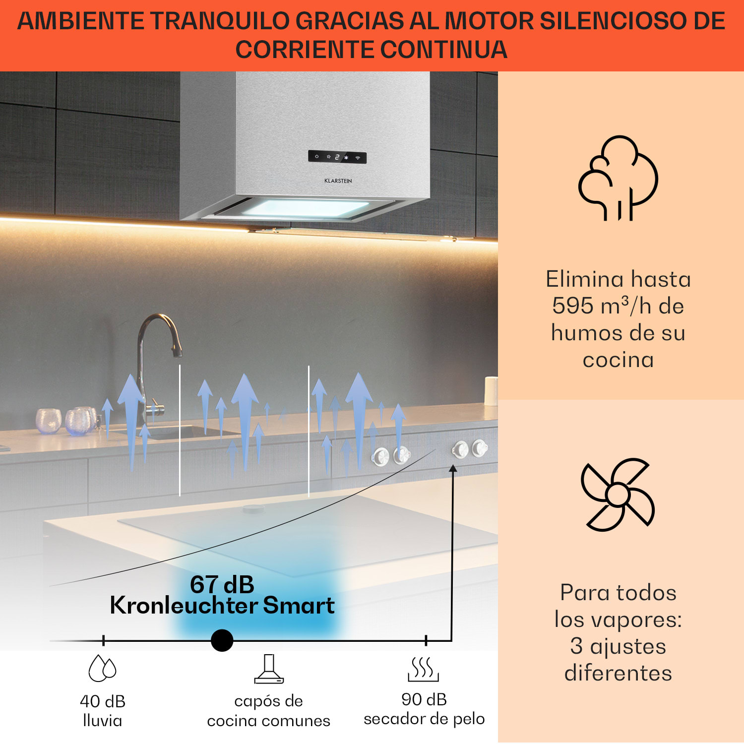 Campana extractora de isla Kronleuchter Smart de 595m³/h de caudal, App de control, panel LED 