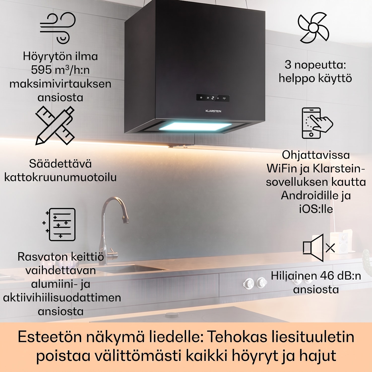 Kronleuchter Smart, saarekeliesituuletin, 595 m³/h, sovellusohjaus, LED-paneeli 40 cm | Musta