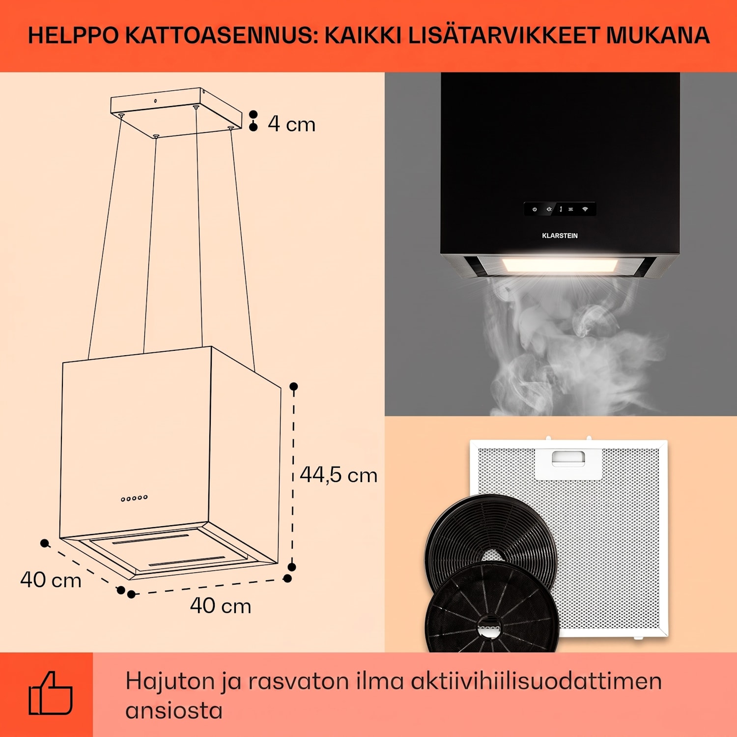 Kronleuchter Smart, saarekeliesituuletin, 595 m³/h, sovellusohjaus, LED-paneeli 40 cm | Musta