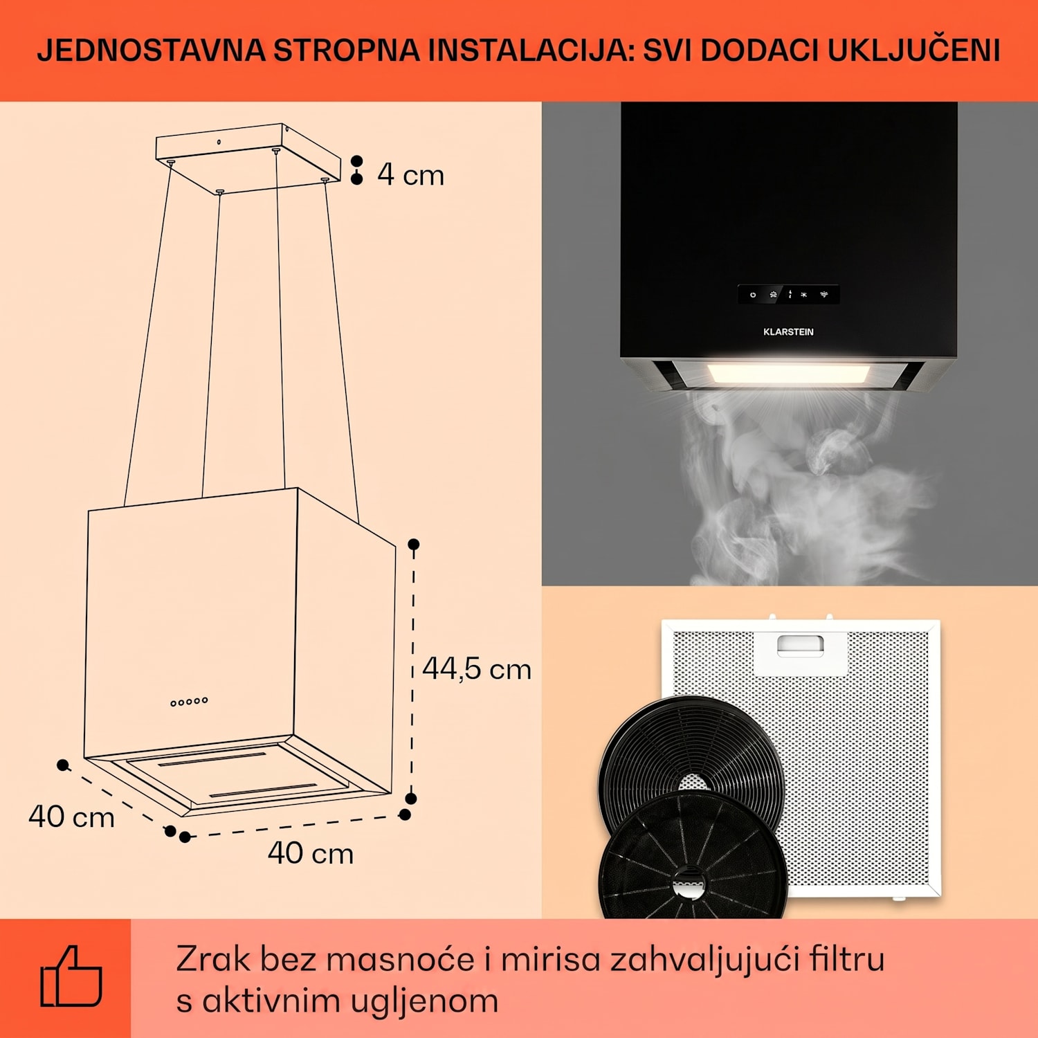 Kronleuchter Smart, otočna napa, 595 m³ / h, upravljanje putem aplikacije, LED ploča Crna