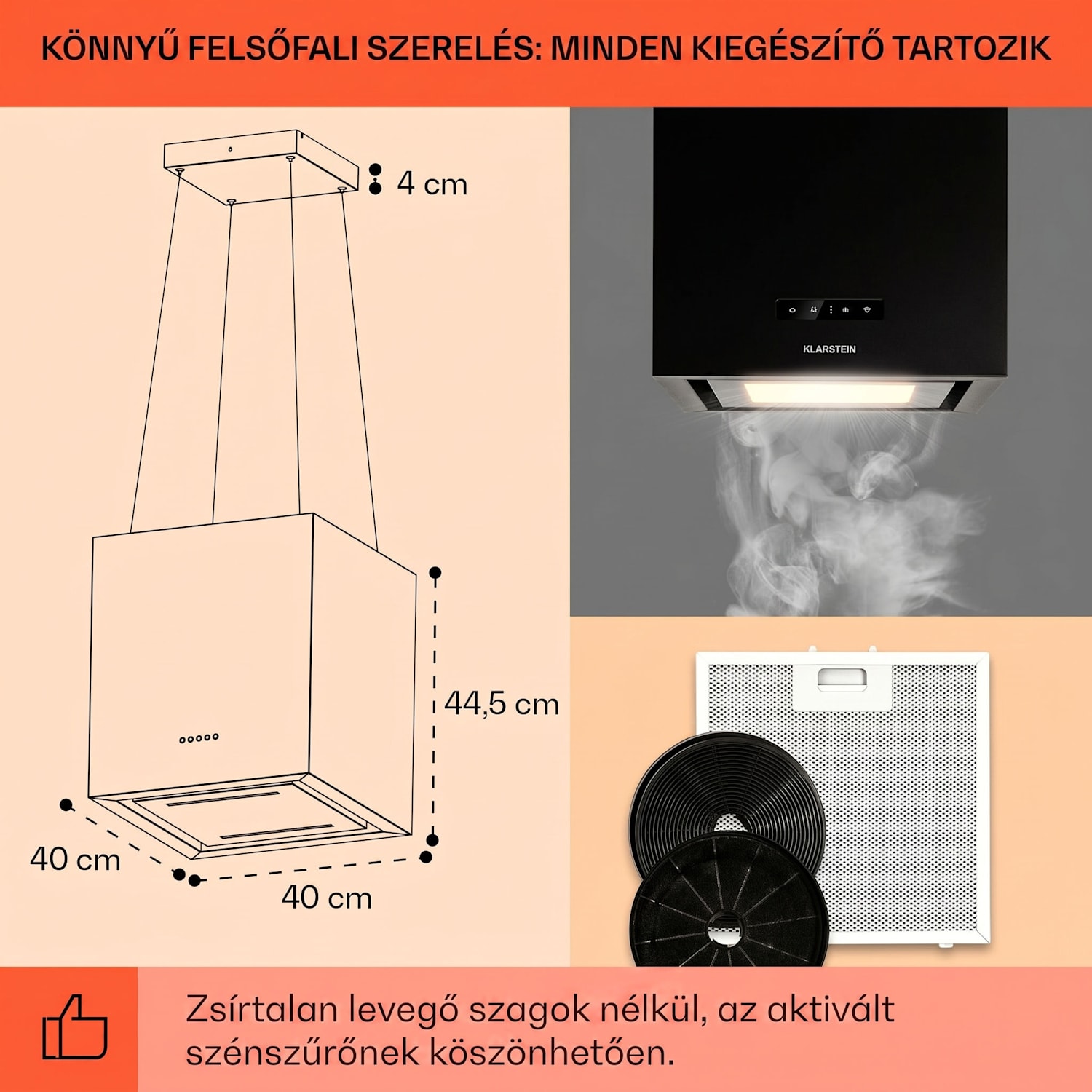 Kornleuchter Smart, sziget páraelszívó, 595 m³/ó, vezérlés alkalmazáson keresztül, LED panel Fekete