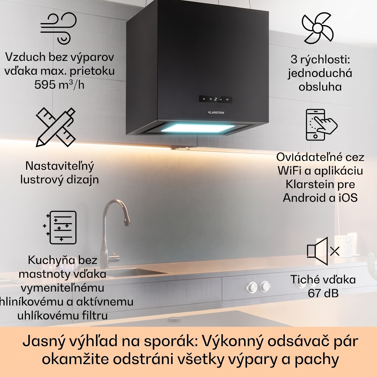 Kronleuchter Smart, digestor, 40 cm, ostrovčekový, 595 m³/h, ovládánie cez aplikáciu, LED panel, čierna Čierna