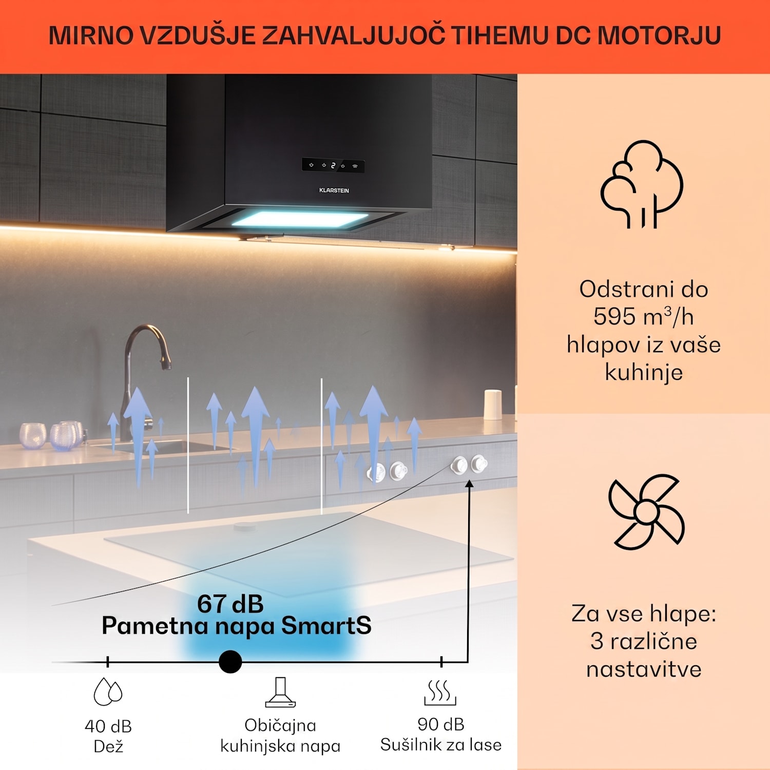 Kronleuchter Smart, otoška napa, 595 m³/h, upravljanje preko aplikacije, LED plošča Črna