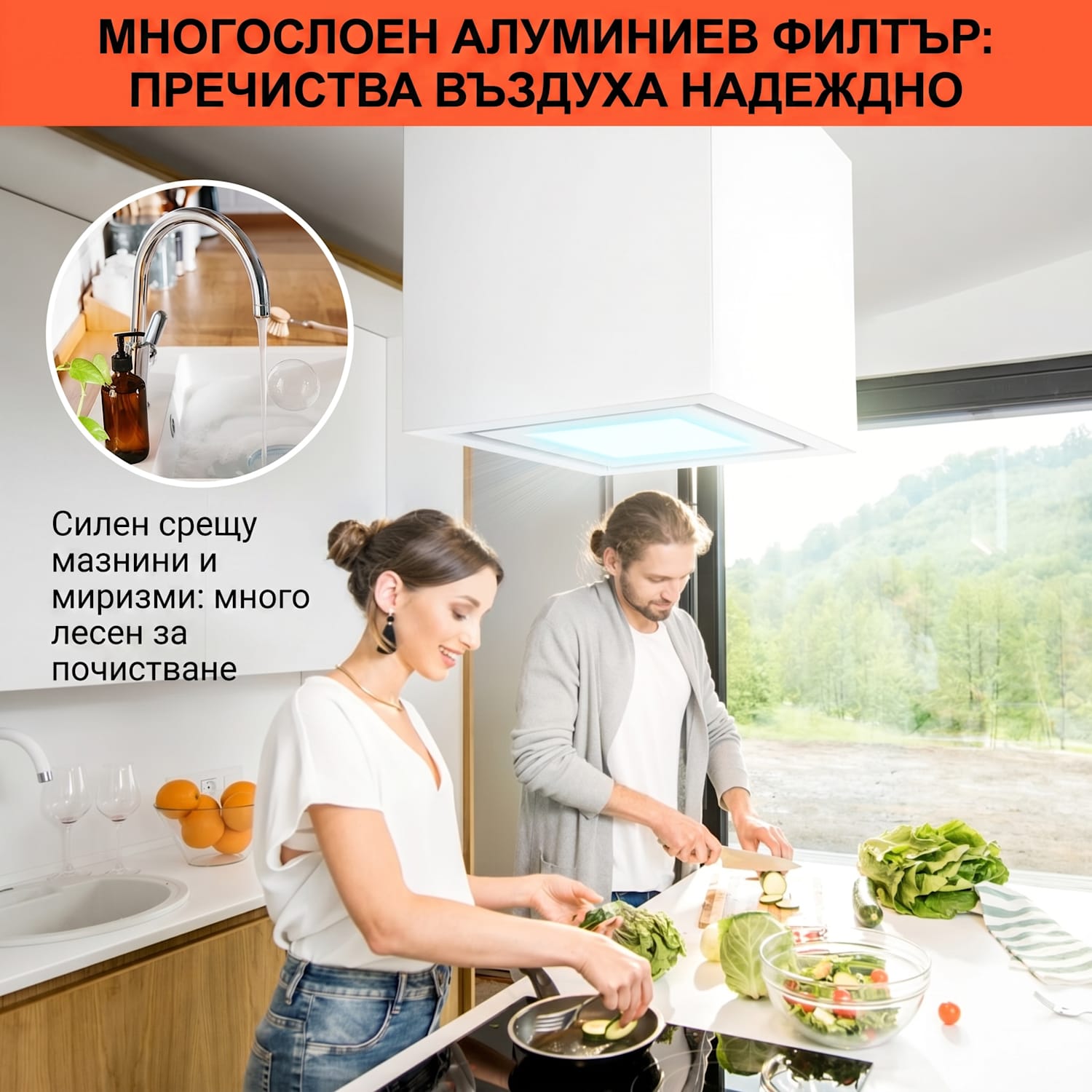 Kronleuchter Smart, островен абсорбатор, 595 m³/h, управление през апликация, LED панел Бял