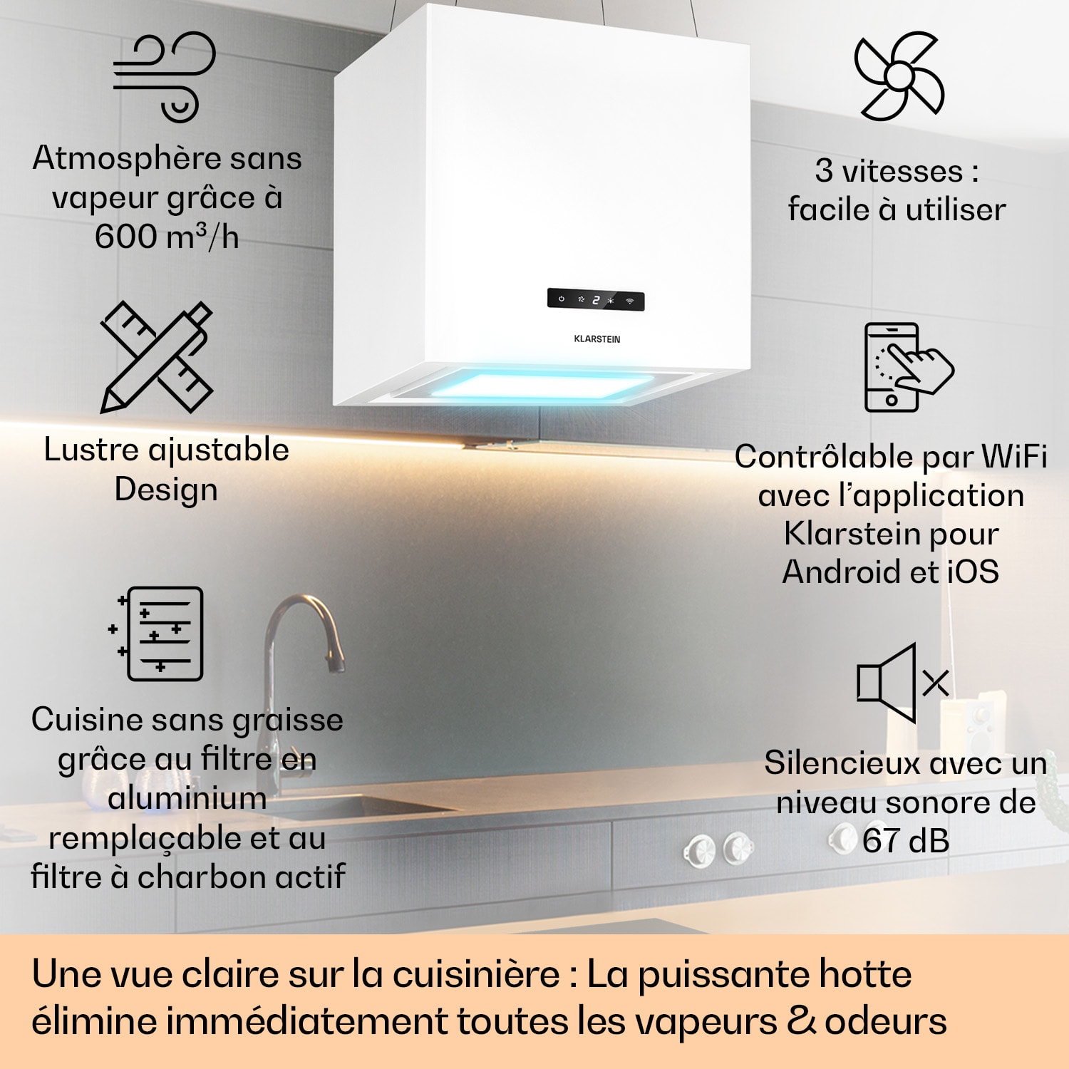 Kronleuchter Smart eilandafzuigkap 595m³/h app-bediening LED-paneel Wit