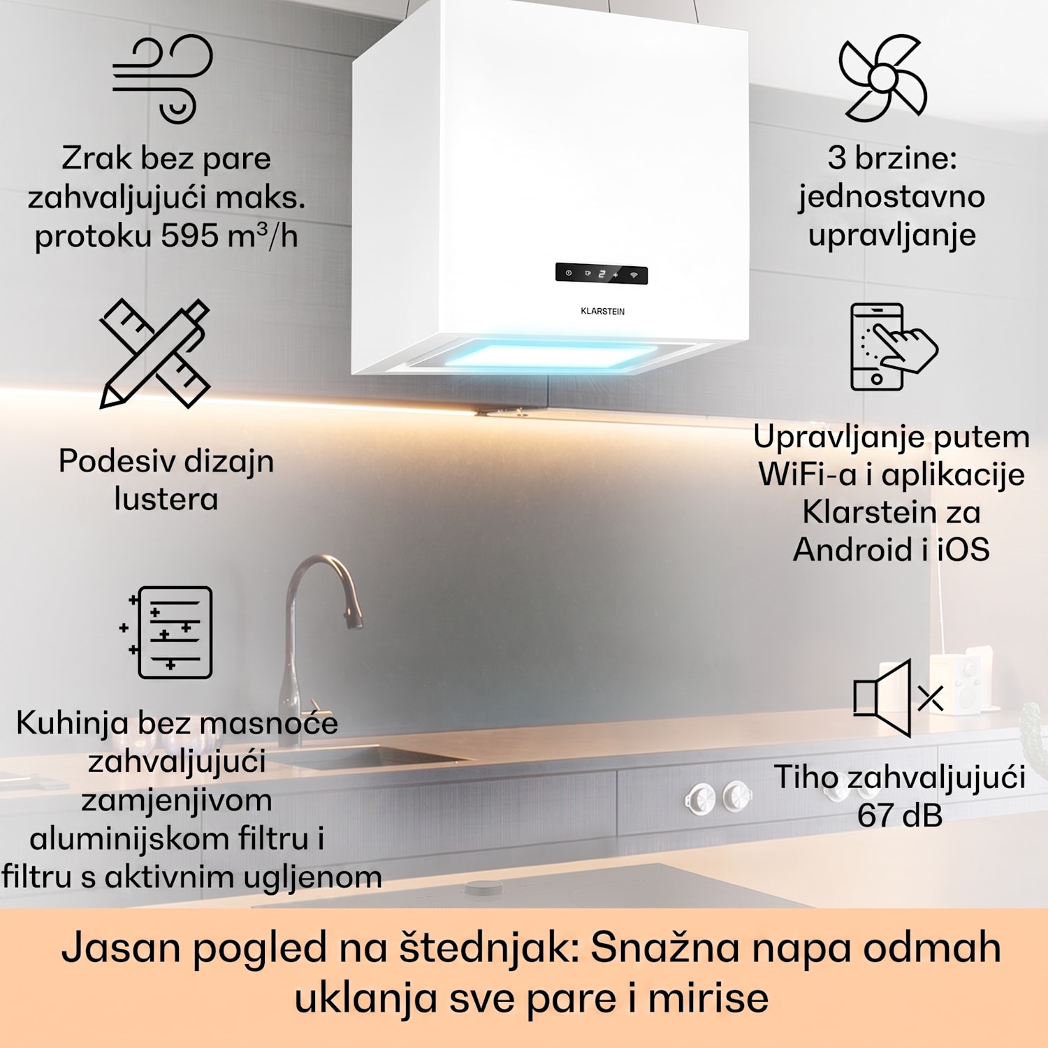 Kronleuchter Smart, otočna napa, 595 m³ / h, kontrola primjene, LED ploča Bijela