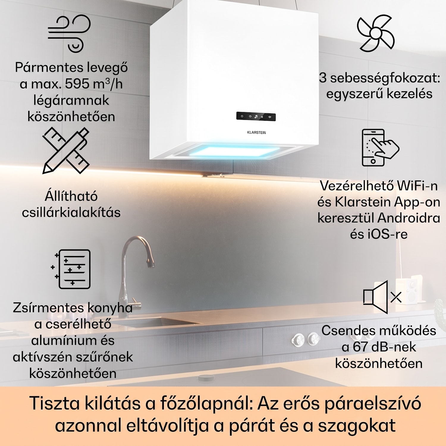 Kornleuchter Smart, sziget páraelszívó, 595 m³/ó, vezérlés alkalmazáson keresztül, LED panel Fehér
