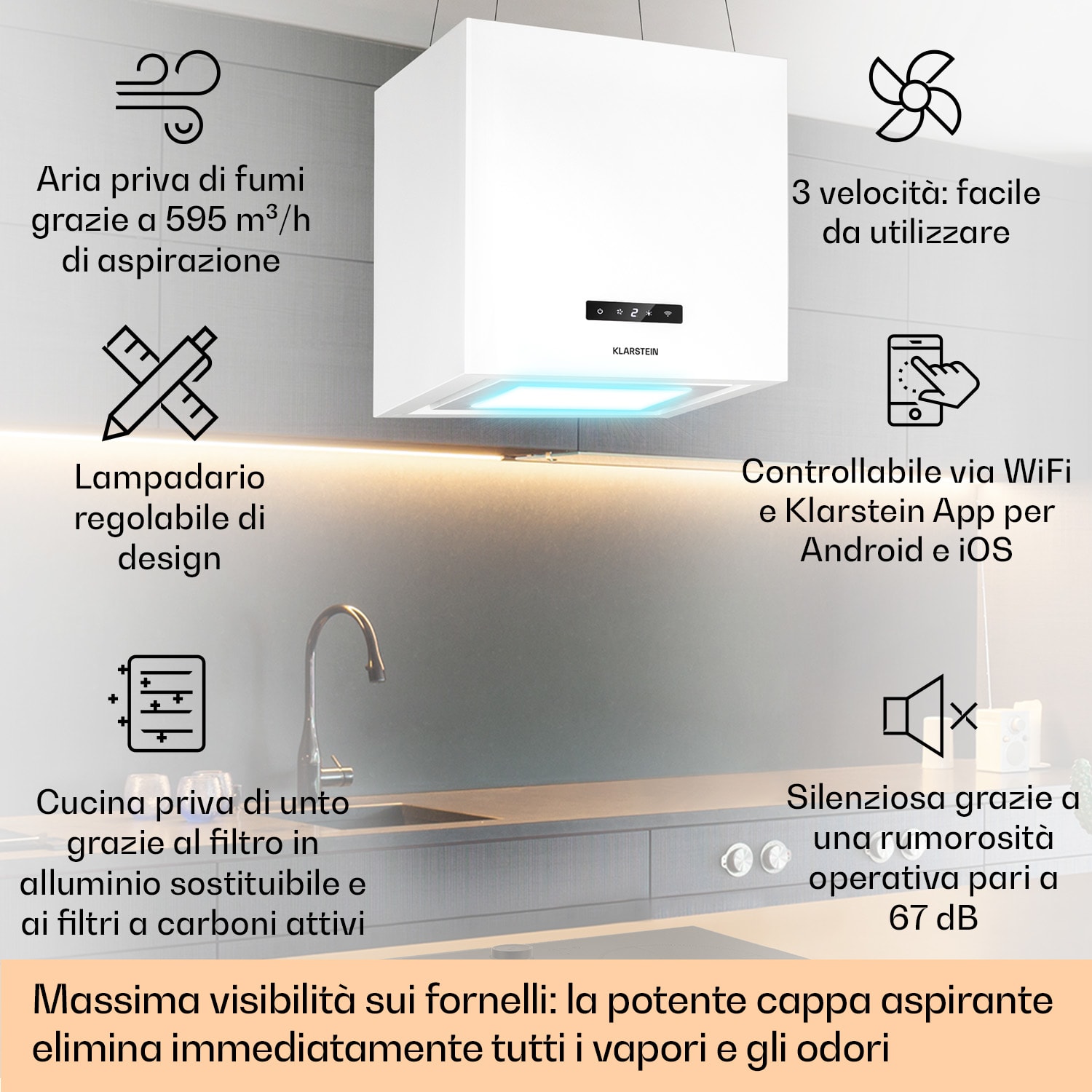 Kronleuchter Smart, Cappa a isola, controllo con app, pannello LED, 595m³/h Bianco
