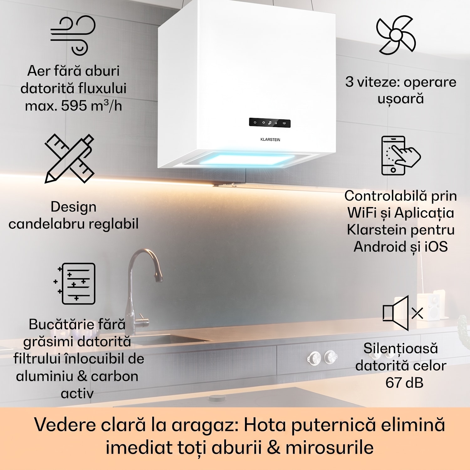 Kronleuchter Smart, hotă insulă, 595 m³ / h, control cu ajutorul aplicației, panou LED Alb