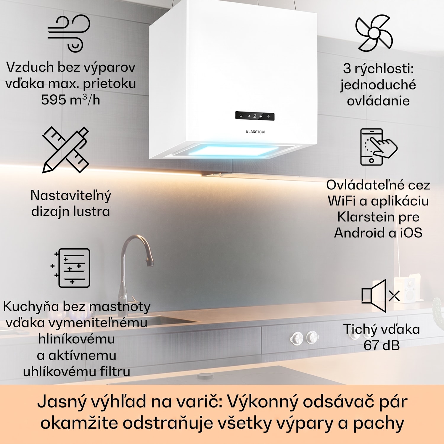 Kronleuchter Smart, digestor, 40 cm, ostrovčekový, 595 m³/h, ovládánie cez aplikáciu, LED panel, biely Biela