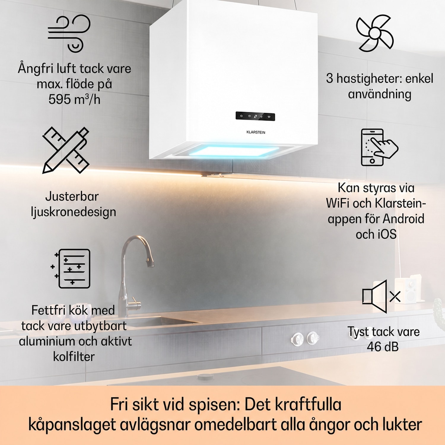 Kronleuchter Smart Frihängande köksfläkt 595m³/h appstyrning LED-panel 