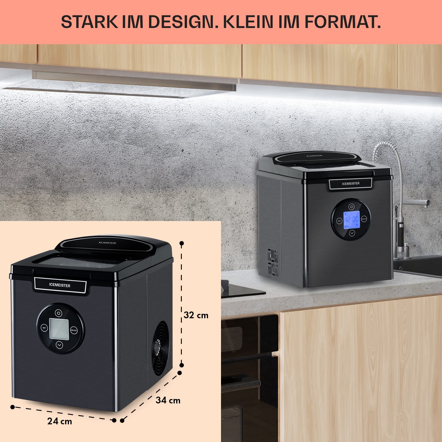 Icemeister 2G Eiswürfelmaschine 12kg/24h LC-Display Edelstahl Dunkelgrau