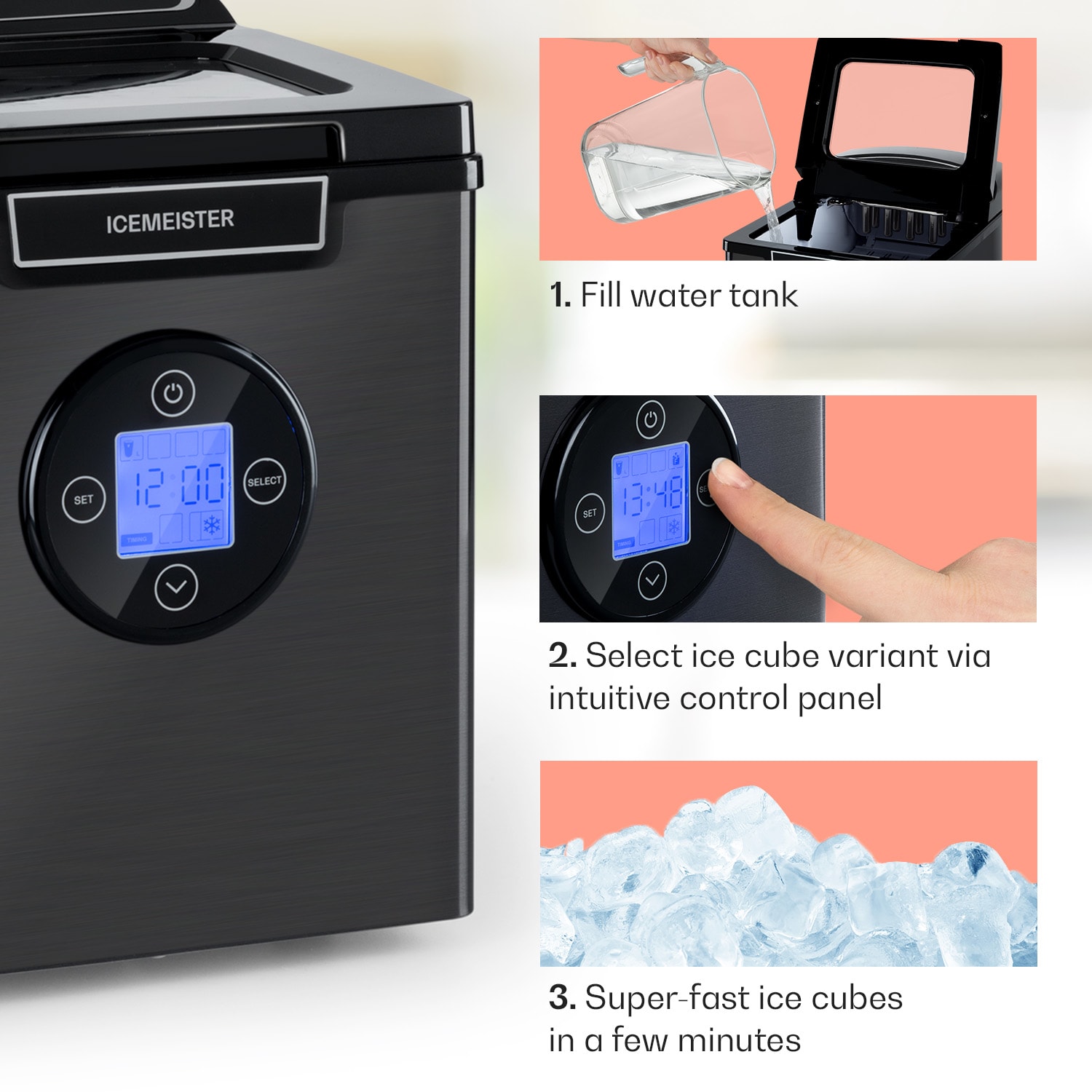 Icemeister 2G, jégkocka készítő, 12 kg/24 h, LCD kijelző, rozsdamentes acél Sötétszürke