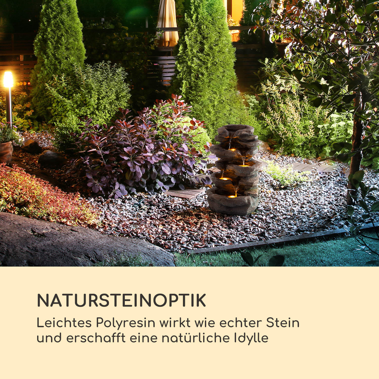 Stonehenge Solarbrunnen LED-Beleuchtung Polyresin Lithium-Ionen-Akku 30 x 50 x 26,5 cm | Brauner Stein