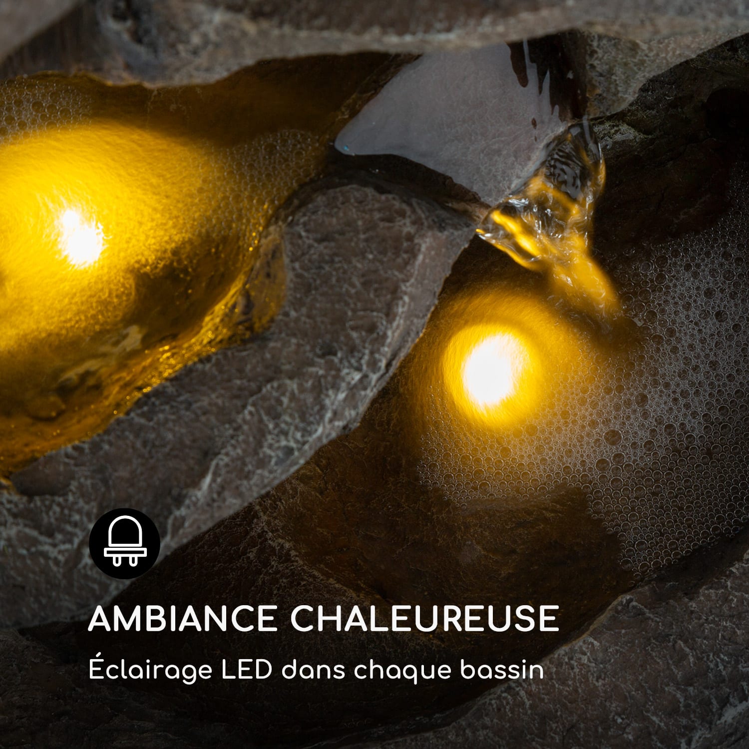 Fontaine solaire Stonehenge éclairage LED Polyresin batterie Lithium Ion 30 x 50 x 26,5 cm | Pierre Brune