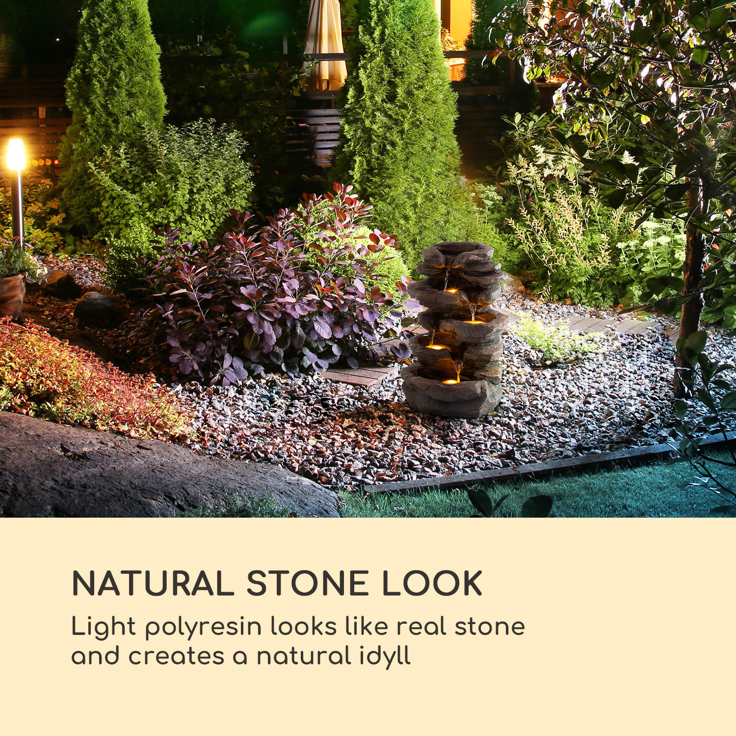 Stonehenge Fonte Solar Iluminação LED Poliresina Bateria de Iões de Lítio 30 x 50 x 26,5 cm | Pedra Castanha