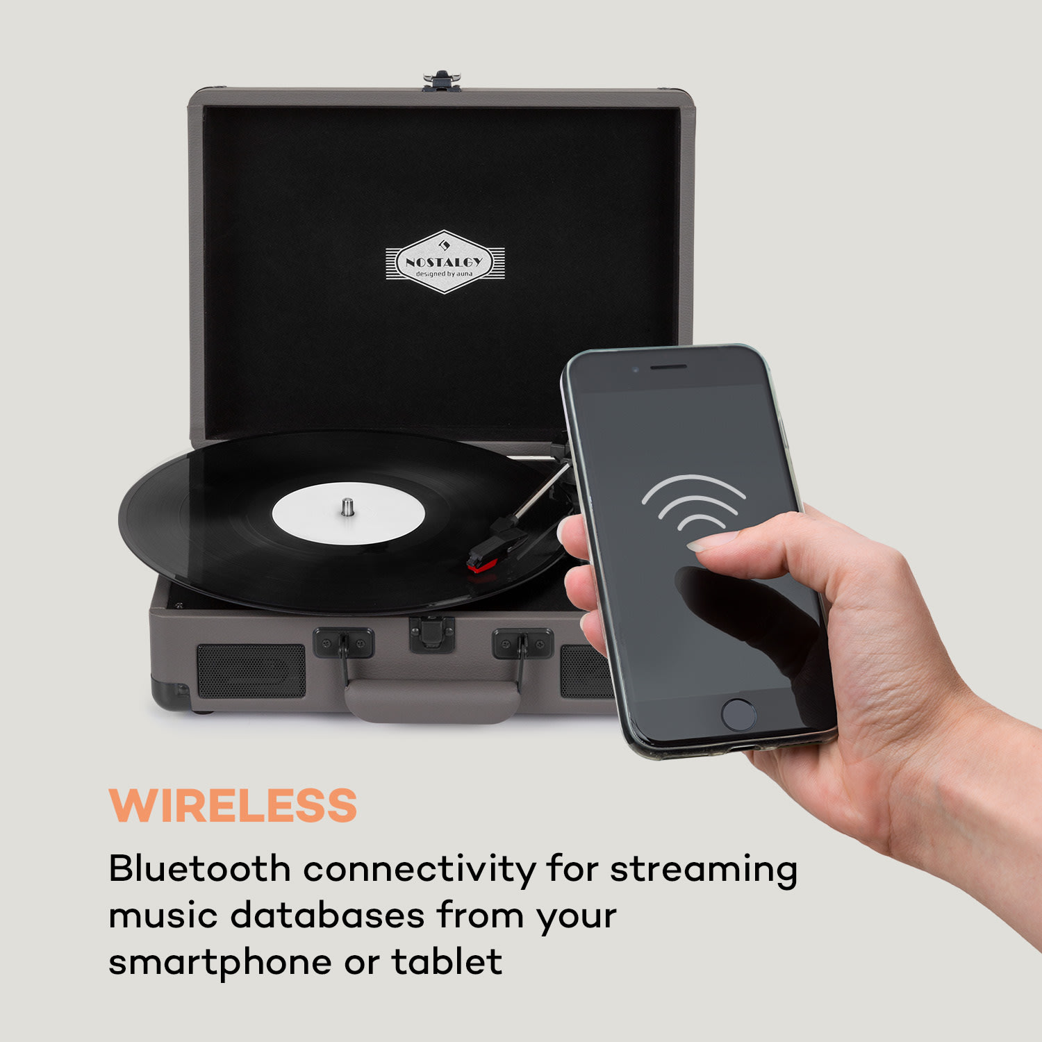 Peggy Sue BT, gramofon, difuzor stereo, USB, BT, portabil Cenușiu