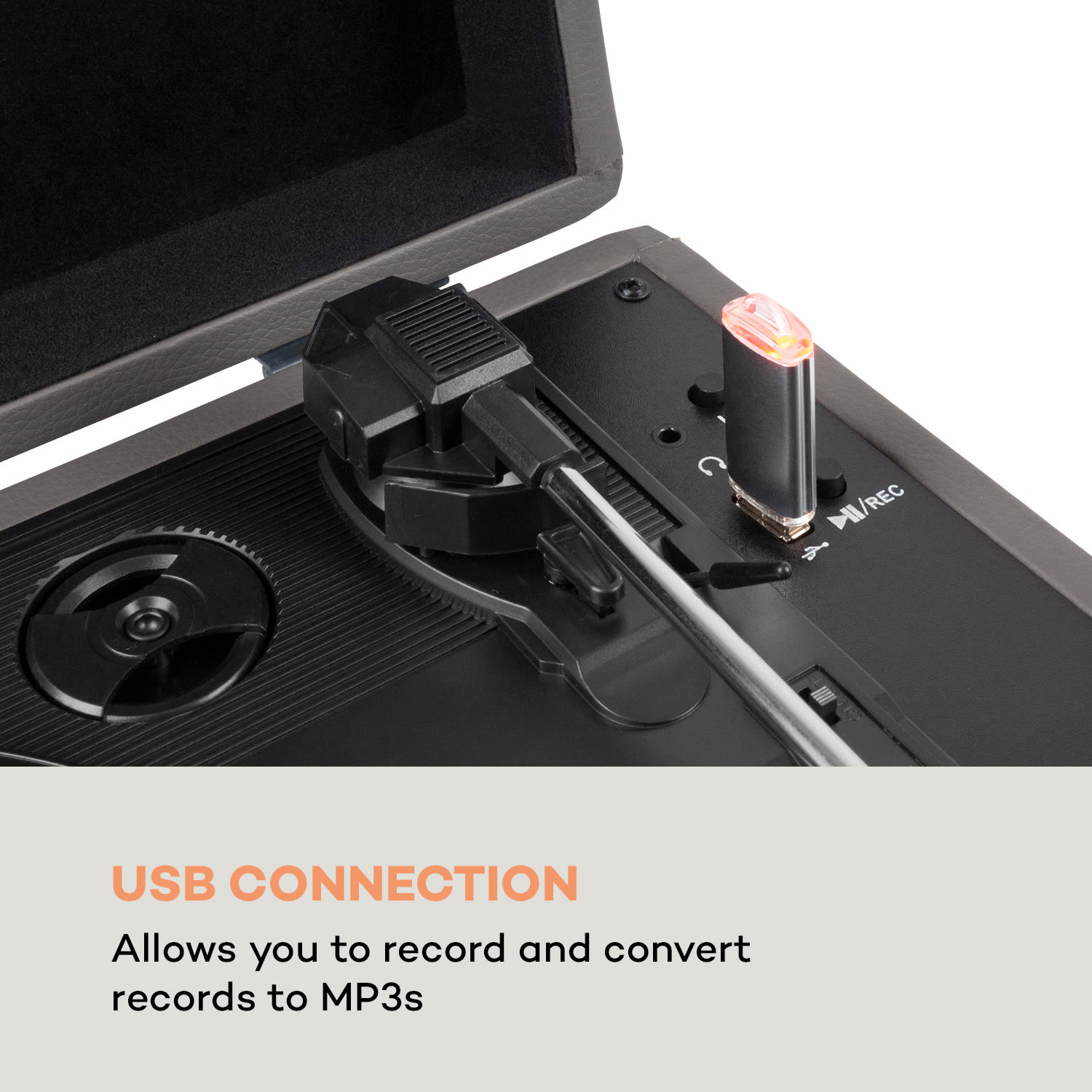 Peggy Sue BT, gramofon, difuzor stereo, USB, BT, portabil Cenușiu