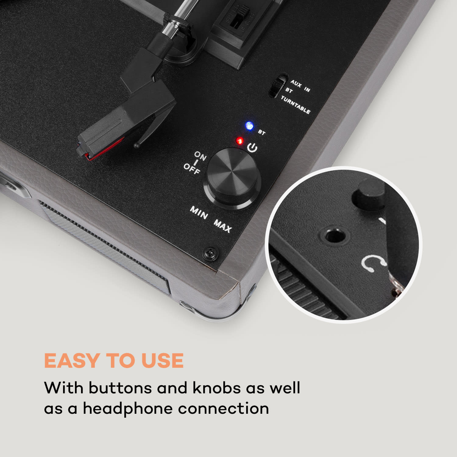 Peggy Sue BT, gramofon, difuzor stereo, USB, BT, portabil Cenușiu