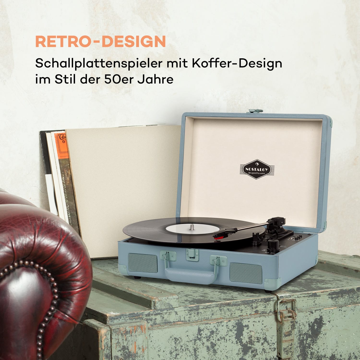 Peggy Sue BT Plattenspieler Stereolautsprecher USB BT tragbar Pastellblau