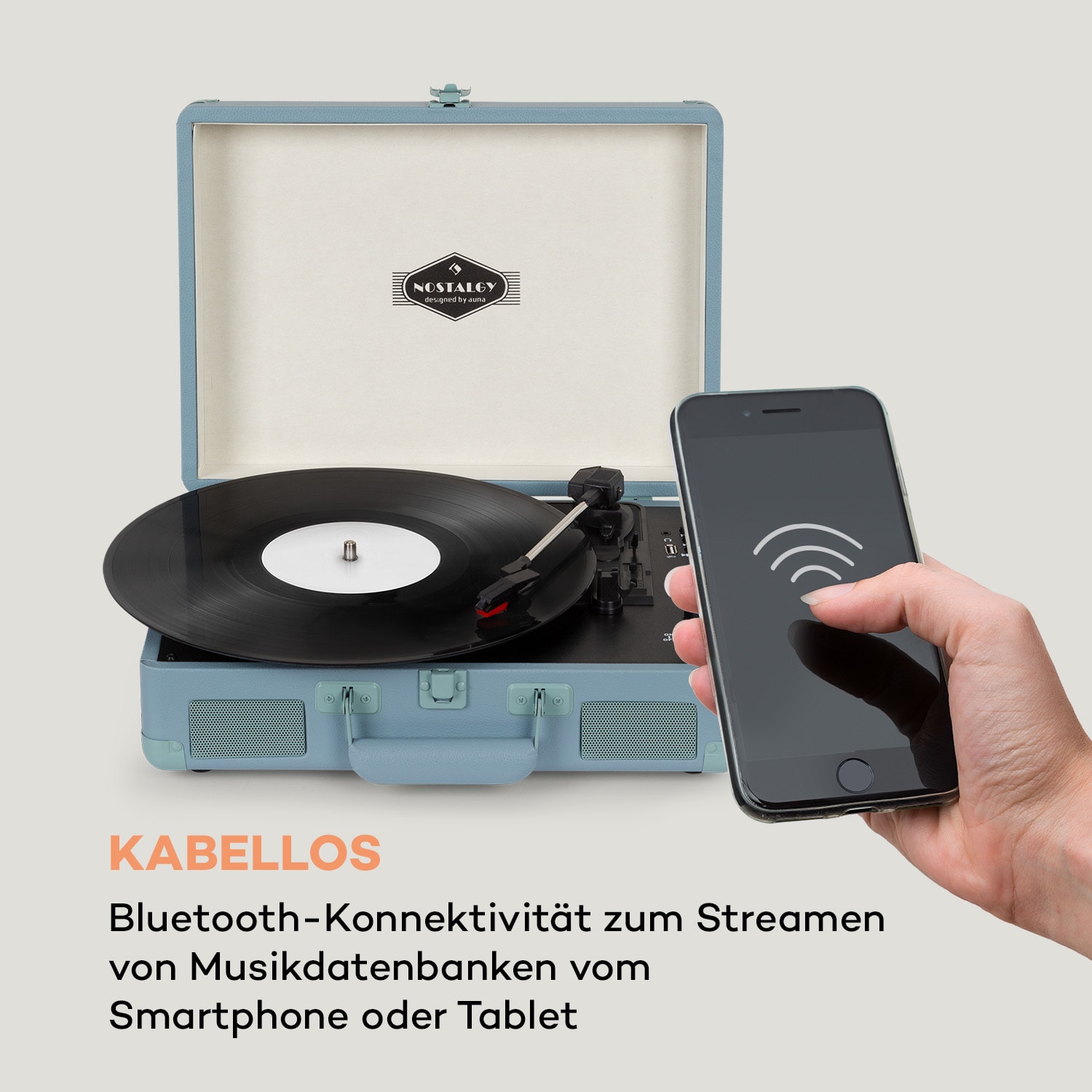 Peggy Sue BT Plattenspieler Stereolautsprecher USB BT tragbar Pastellblau