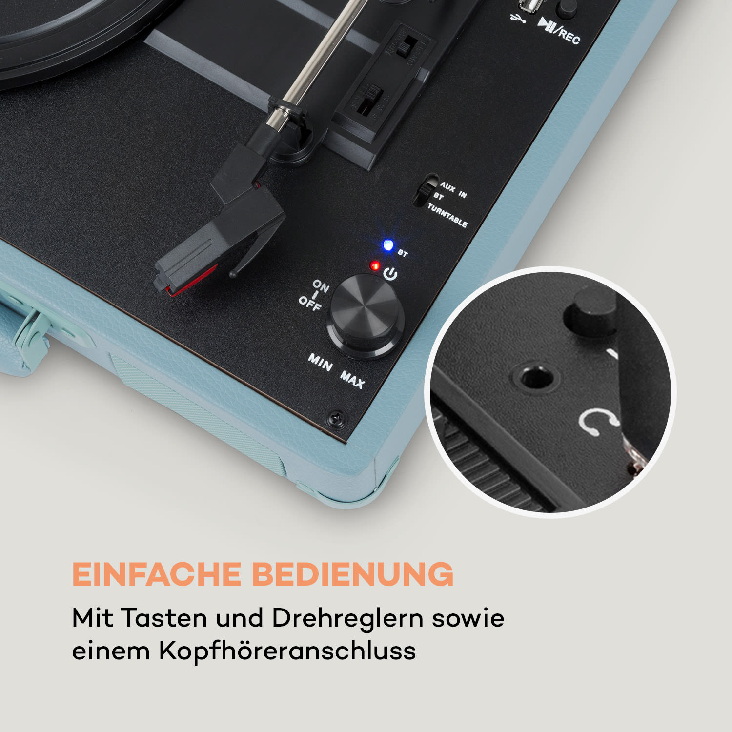 Peggy Sue BT Plattenspieler Stereolautsprecher USB BT tragbar Pastellblau