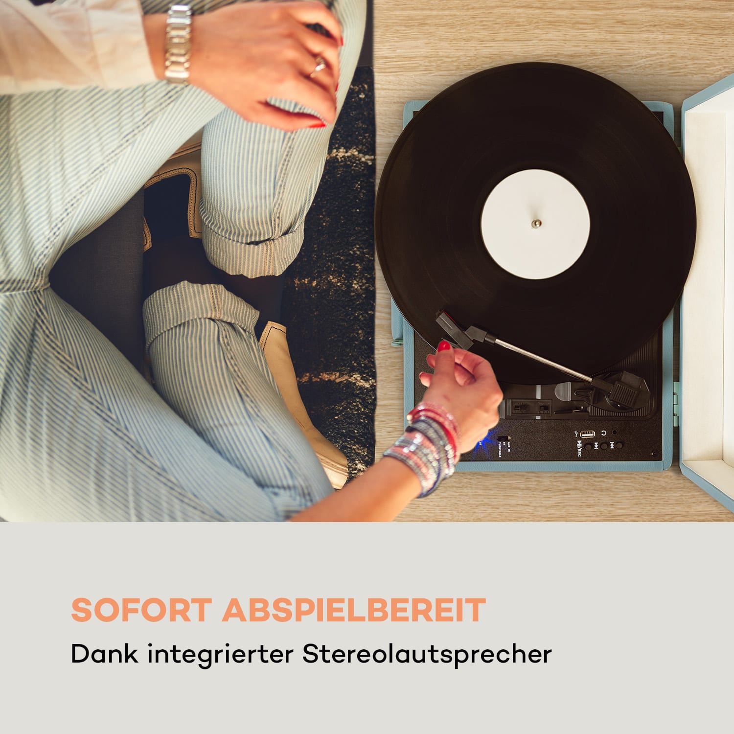 Peggy Sue BT Plattenspieler Stereolautsprecher USB BT tragbar Pastellblau