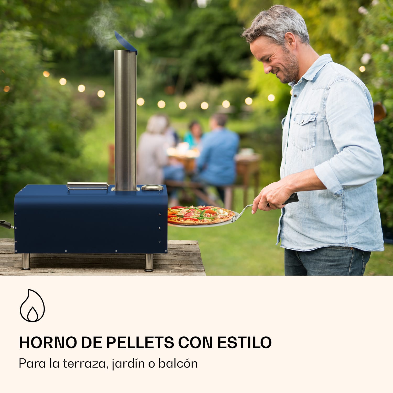 Horno de pellets para pizza Diavolo, incl. piedra para pizza, termómetro, acero inox. Azul Marino