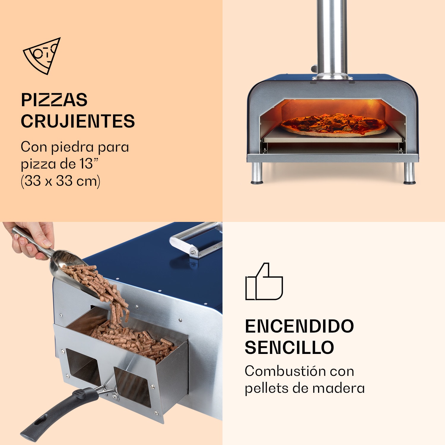 Horno de pellets para pizza Diavolo, incl. piedra para pizza, termómetro, acero inox. Azul Marino