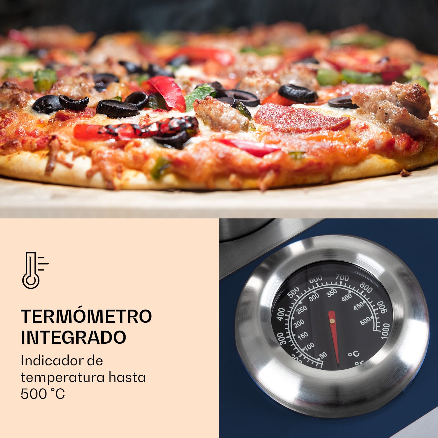 Horno de pellets para pizza Diavolo, incl. piedra para pizza, termómetro, acero inox. Azul Marino