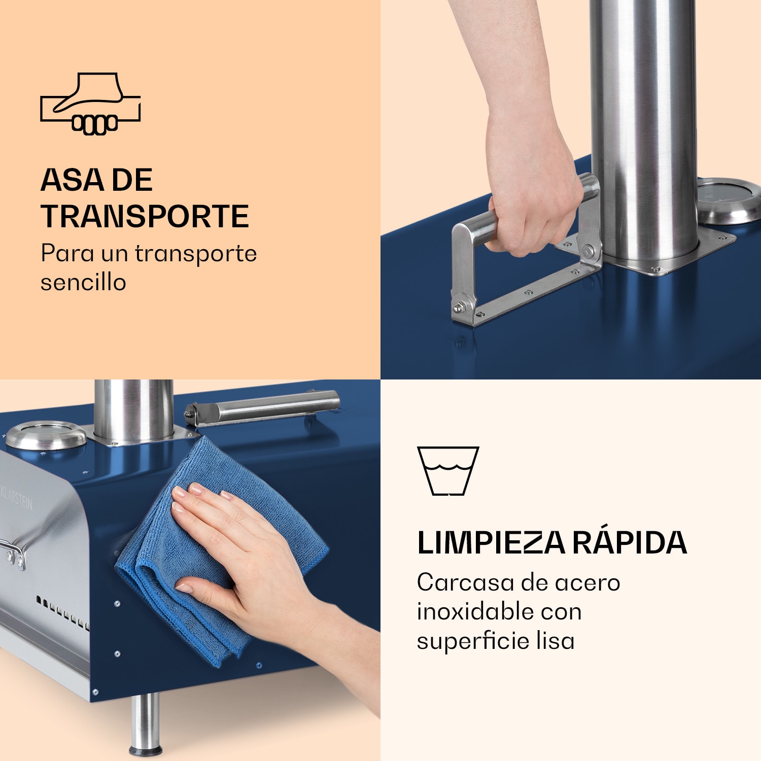 Horno de pellets para pizza Diavolo, incl. piedra para pizza, termómetro, acero inox. Azul Marino