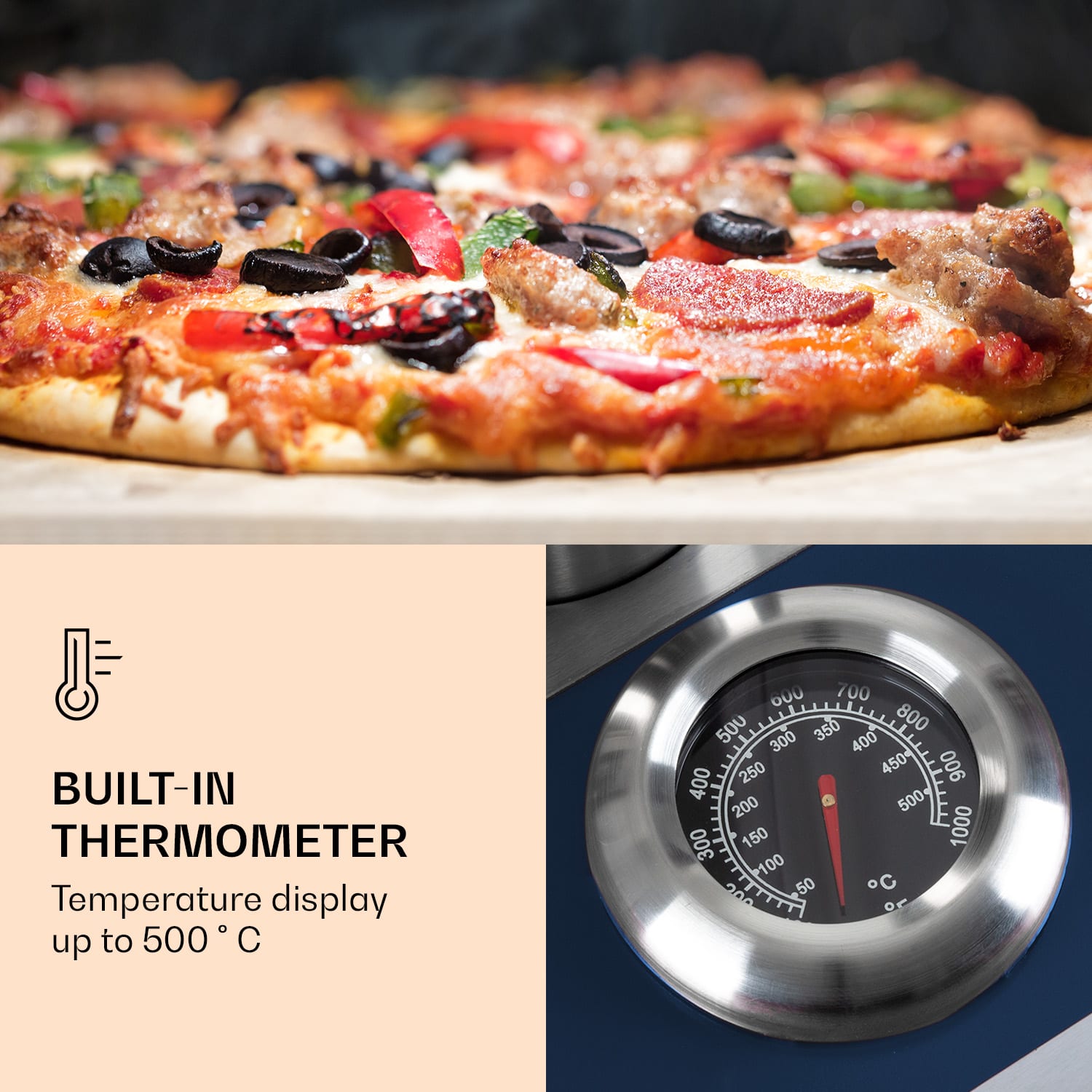 Diavola Pizzapelletoven met pizzasteen thermometer roestvrij staal Blue Ocean