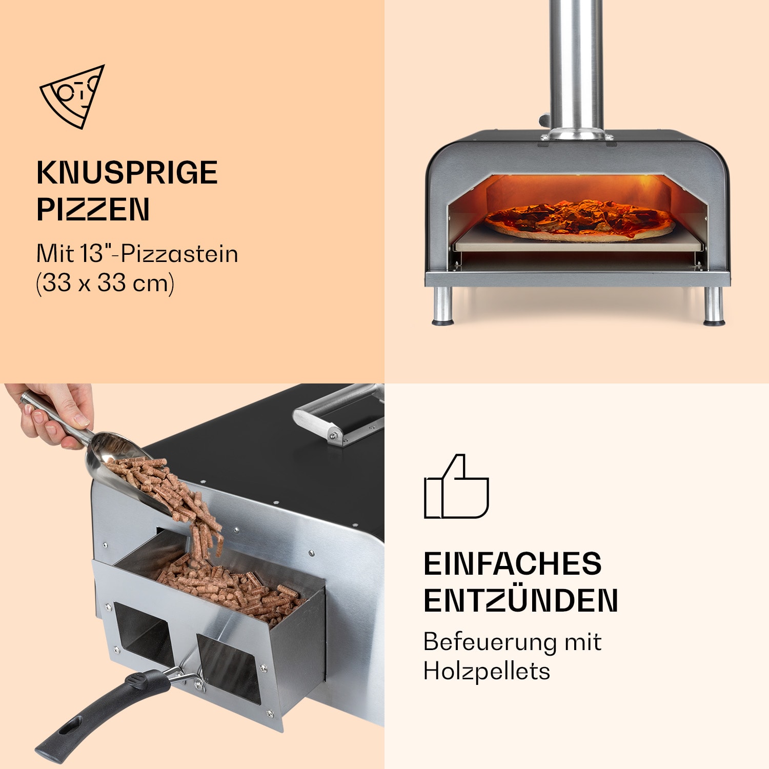 Diavolo Pizza-Pelletofen inkl. Pizzastein Thermometer Edelstahl Schwarz