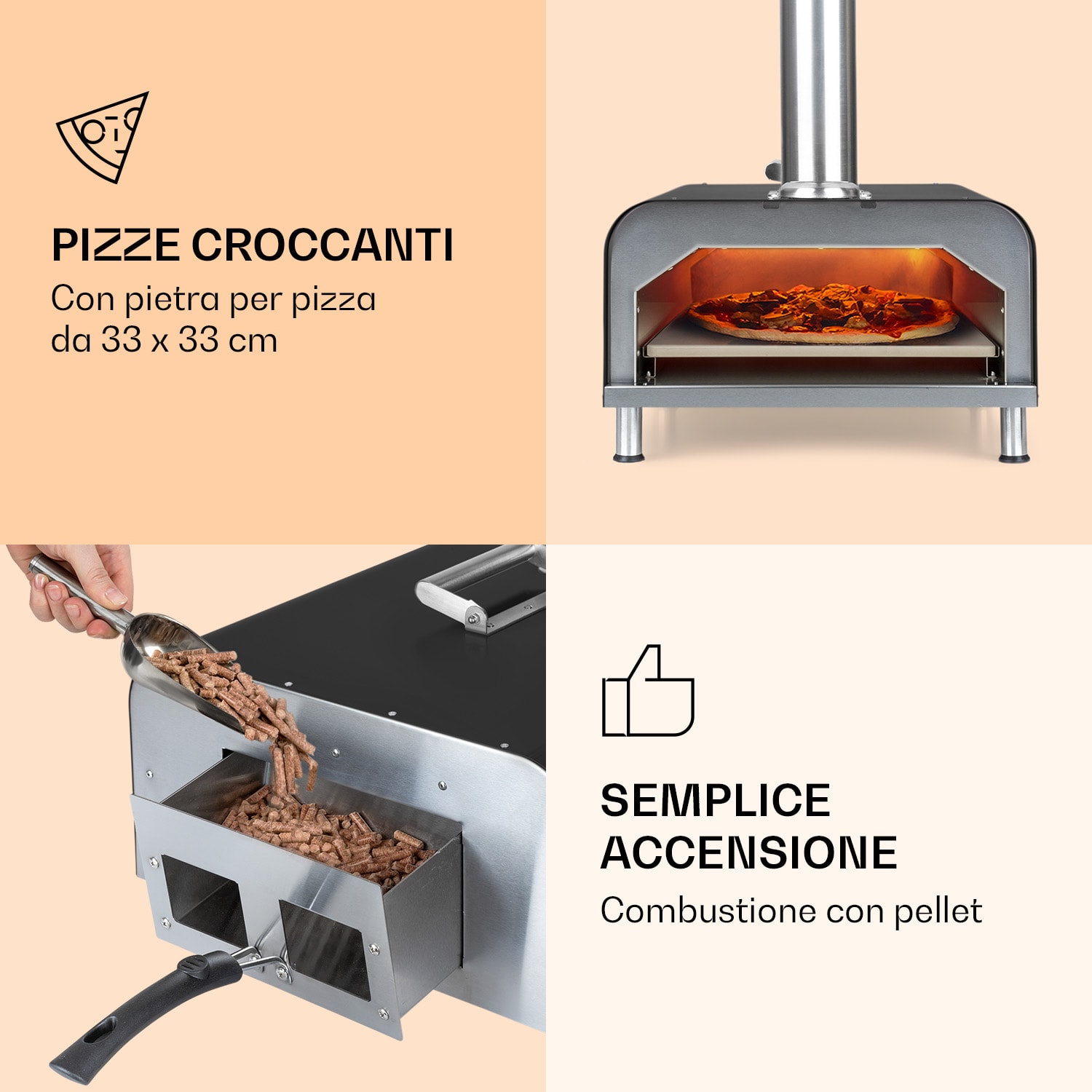Diavolo, forno a pellet per pizza, incl. pietra refrattaria, termometro, acciaio inox Nero