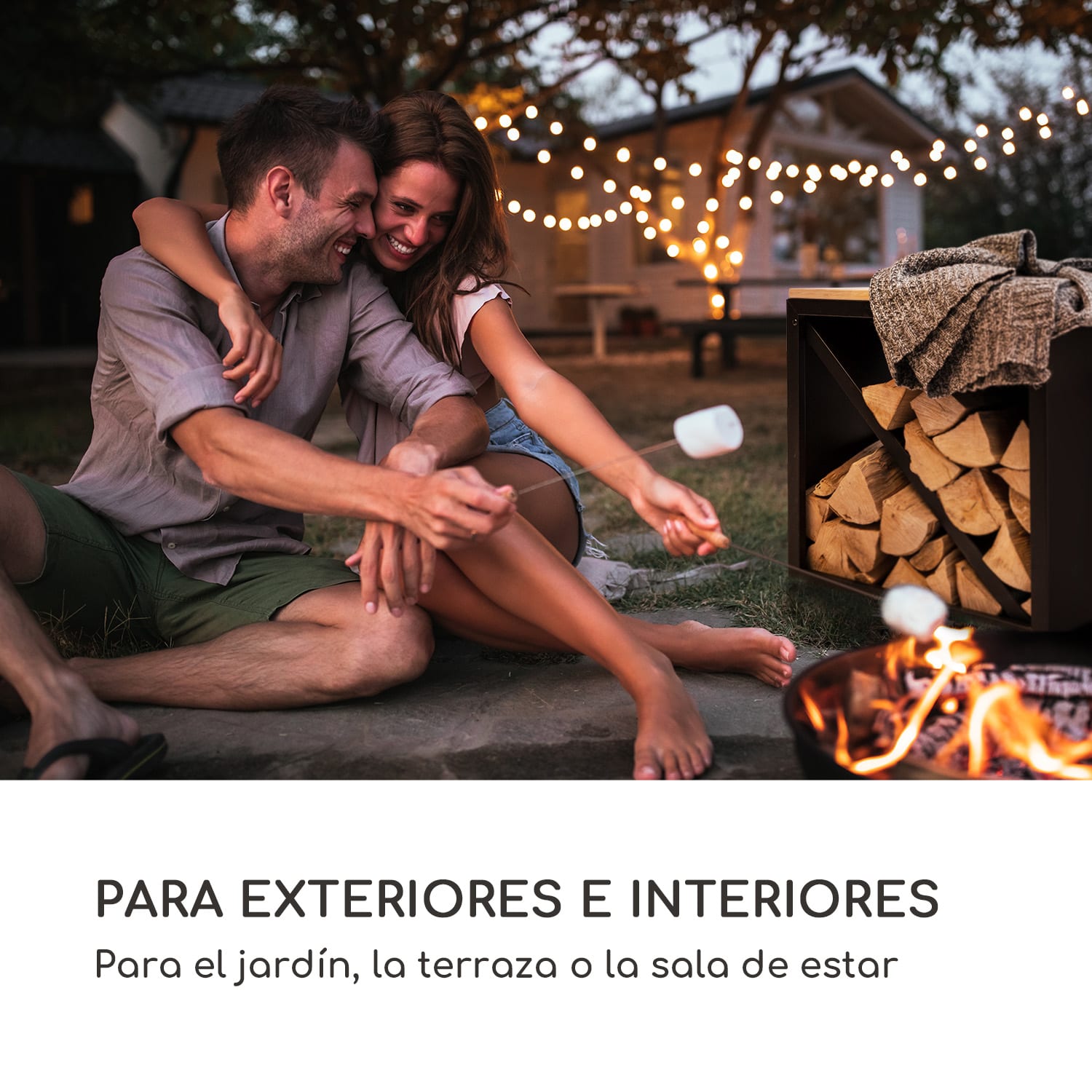 Leñero con banco de asiento Firebowl Kindlewood S Black 57x56x36cm, Bambú-zinc Negro