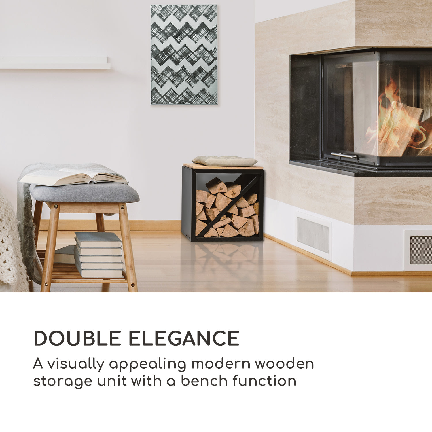 Kindlewood S Black, suport pentru lemne, bancă, 56 x 56 x 36 cm, bambus, zinc Negru