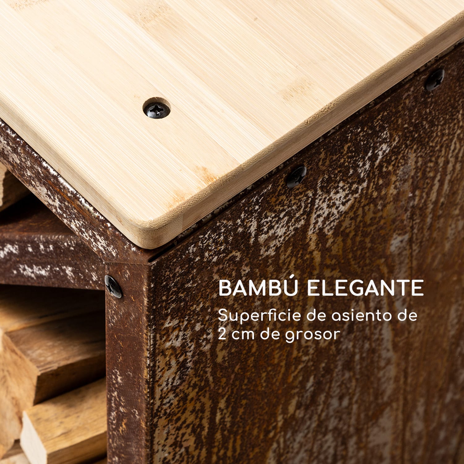 Leñero con banco de asiento Firebowl Kindlewood S Rust 57x56x36cm, bambú-zinc Óxido