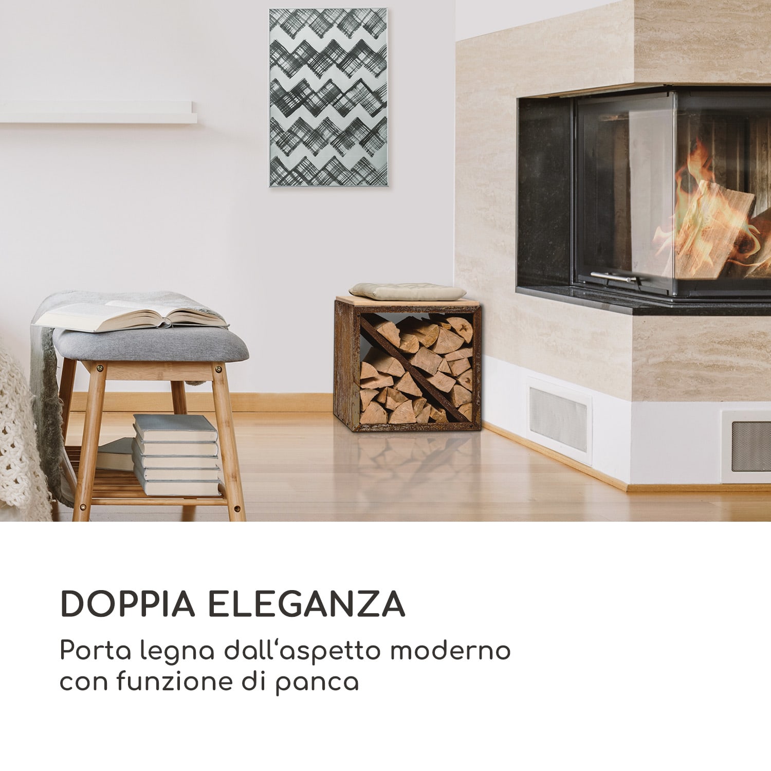 Firebowl Kindlewood S Rust, legnaia, panca, 57x56x36cm, bambù, zinco Ruggine