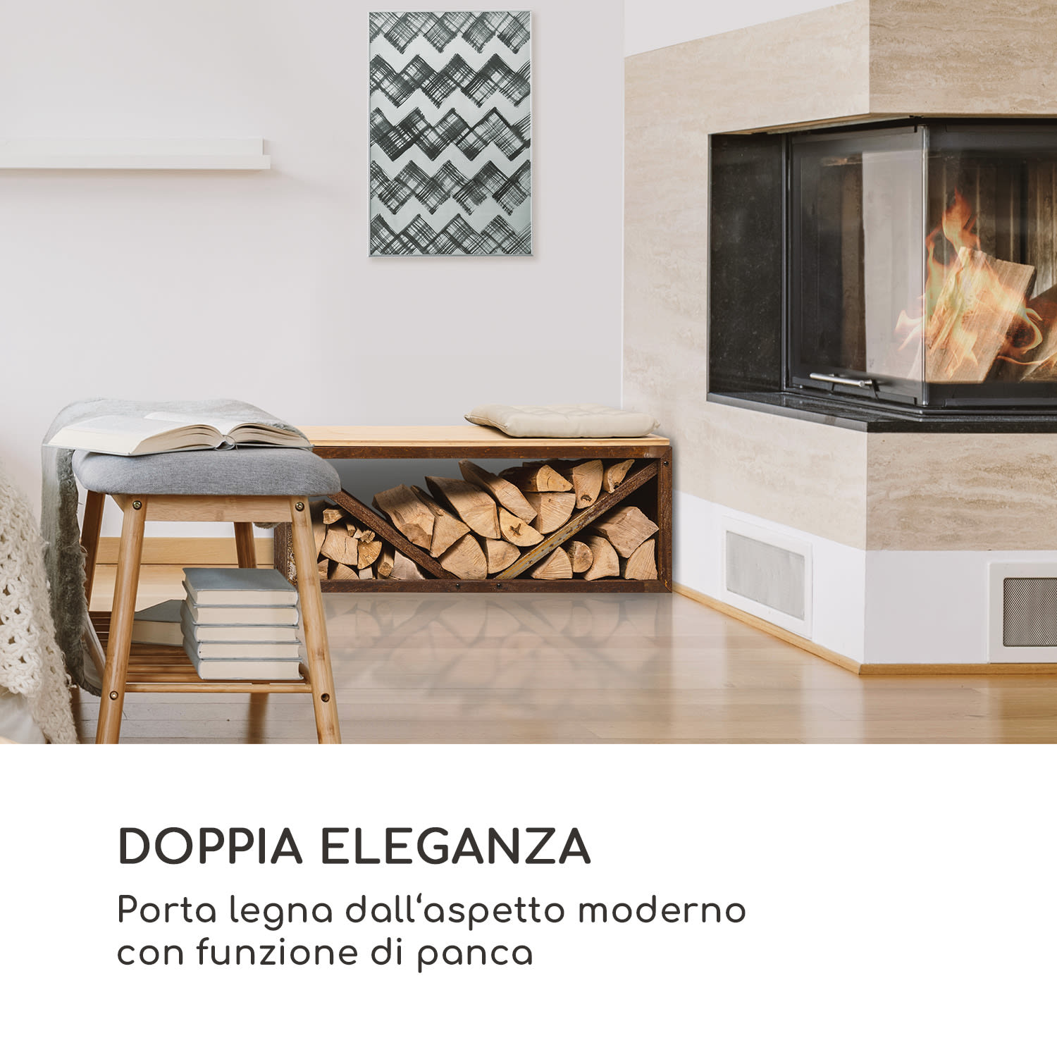 Firebowl Kindlewood L Rust, legnaia, panca, 104x40x35cm, bambù, zinco Ruggine