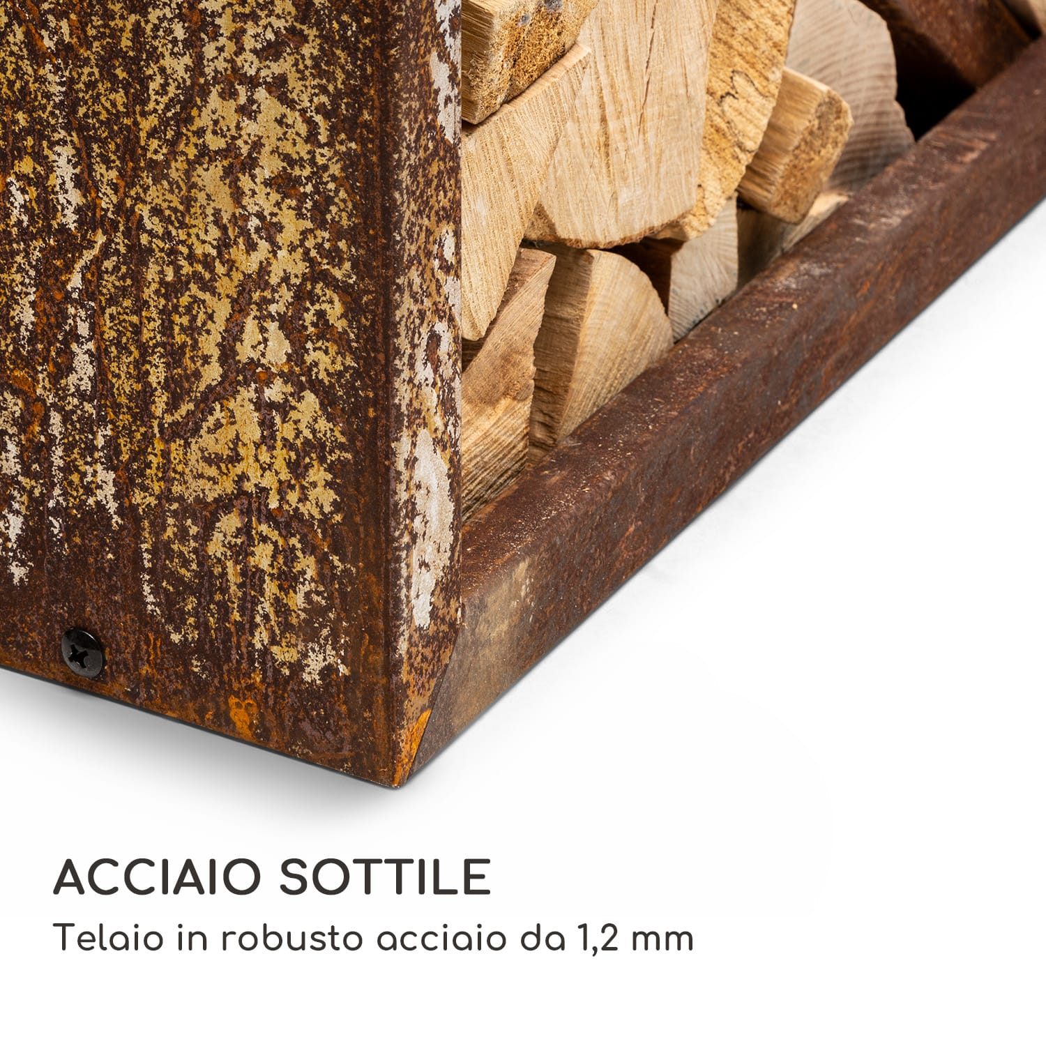 Firebowl Kindlewood L Rust, legnaia, panca, 104x40x35cm, bambù, zinco Ruggine