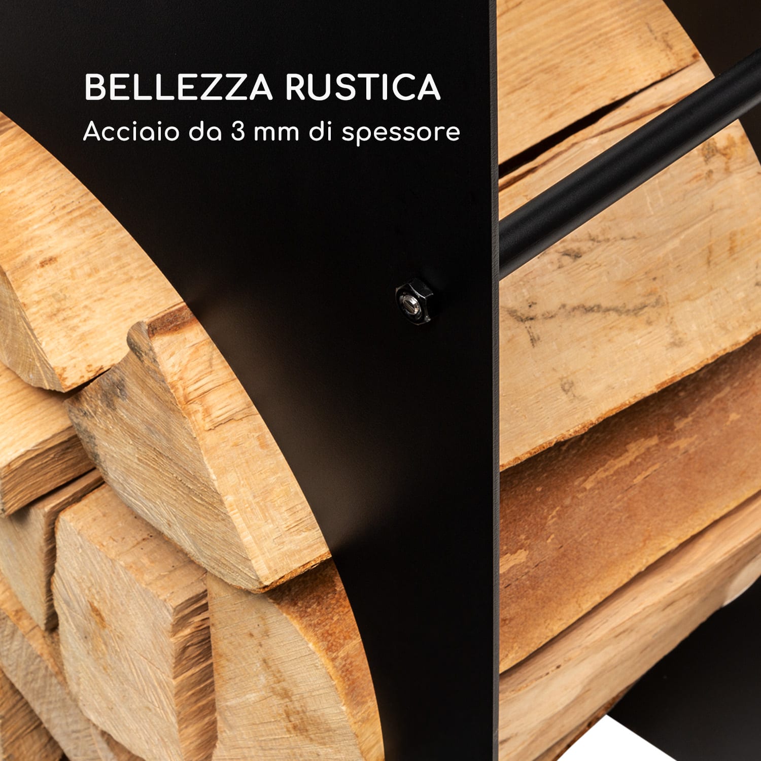 Trio Circulo, portalegna, 55 x 160 x 30 cm, acciaio da 3 mm, scaffale Nero