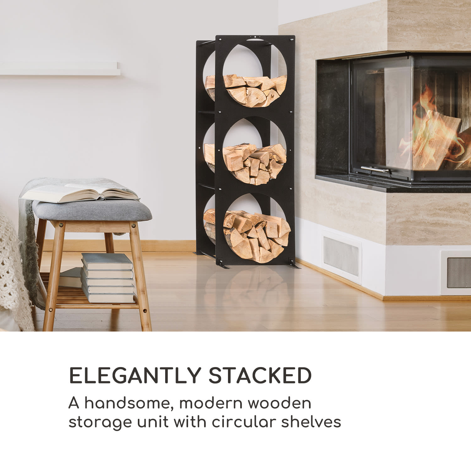 Trio Circulo, stojan na dřevo, 55 × 160 × 30 cm, 3 mm ocel, regál