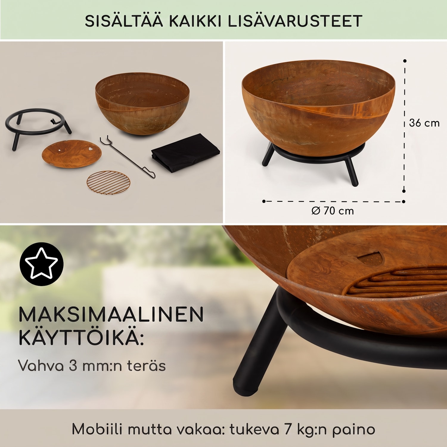Fireball Rust, tulimalja, 60 cm Ø, kallistettava, ruosteimitaatti, ruoste matala | Corten terästä | Ruoste