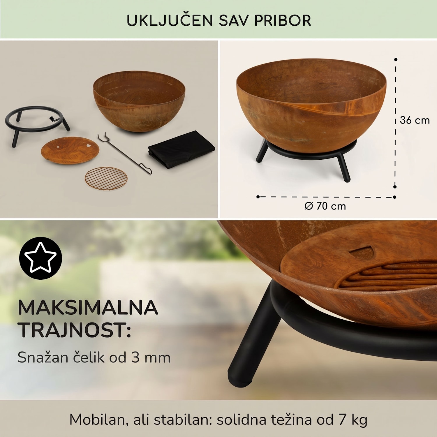 Fireball Rust, kamin, Ø 60 cm, nagibna rešetka, zahrđali izgled nizak | Corten čelik | Hrđa