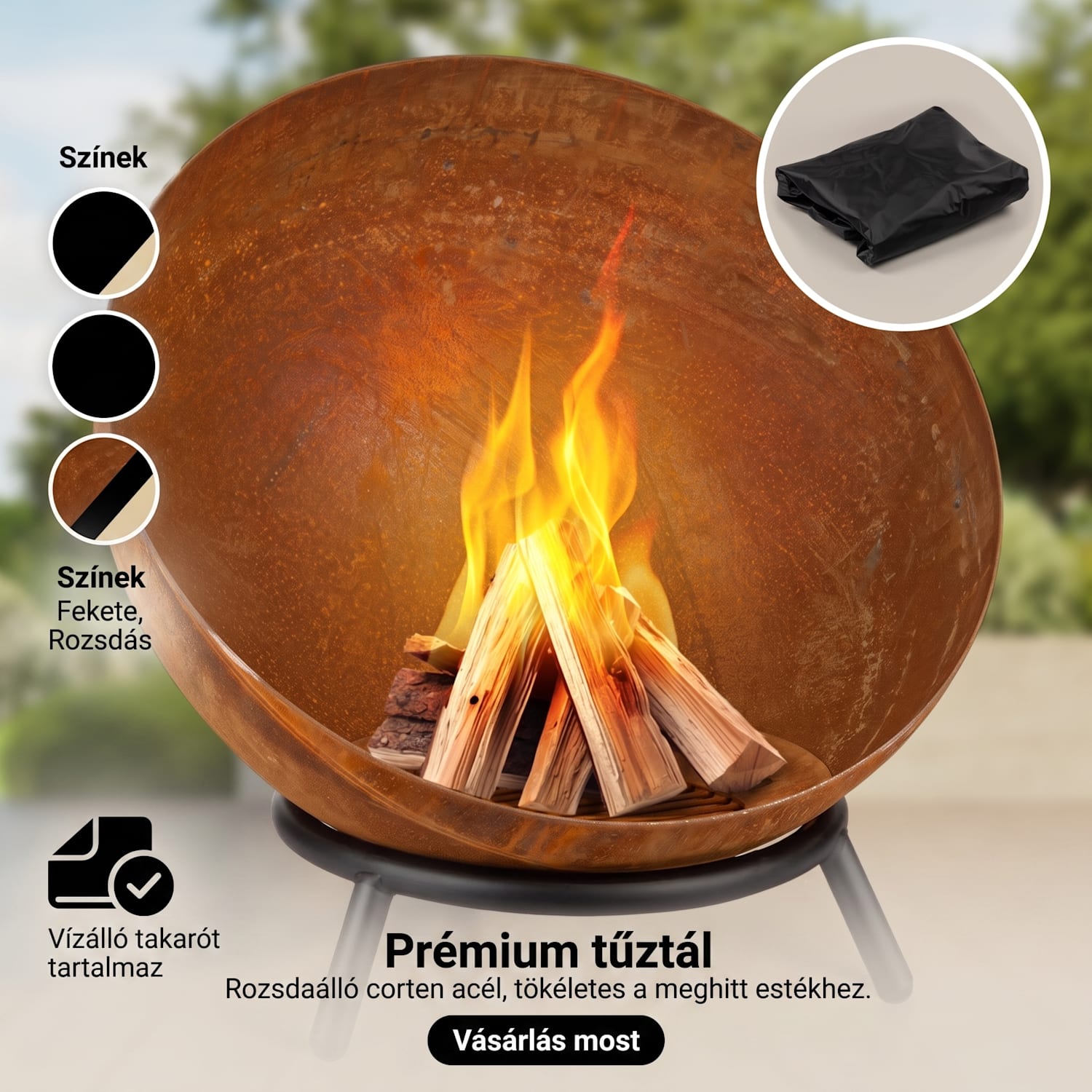 Fireball Rust, tűzrakóhely, Ø 60 cm, kidönthető rostély, rozsdás megjelenés alacsony | Corten acél | Rozsda