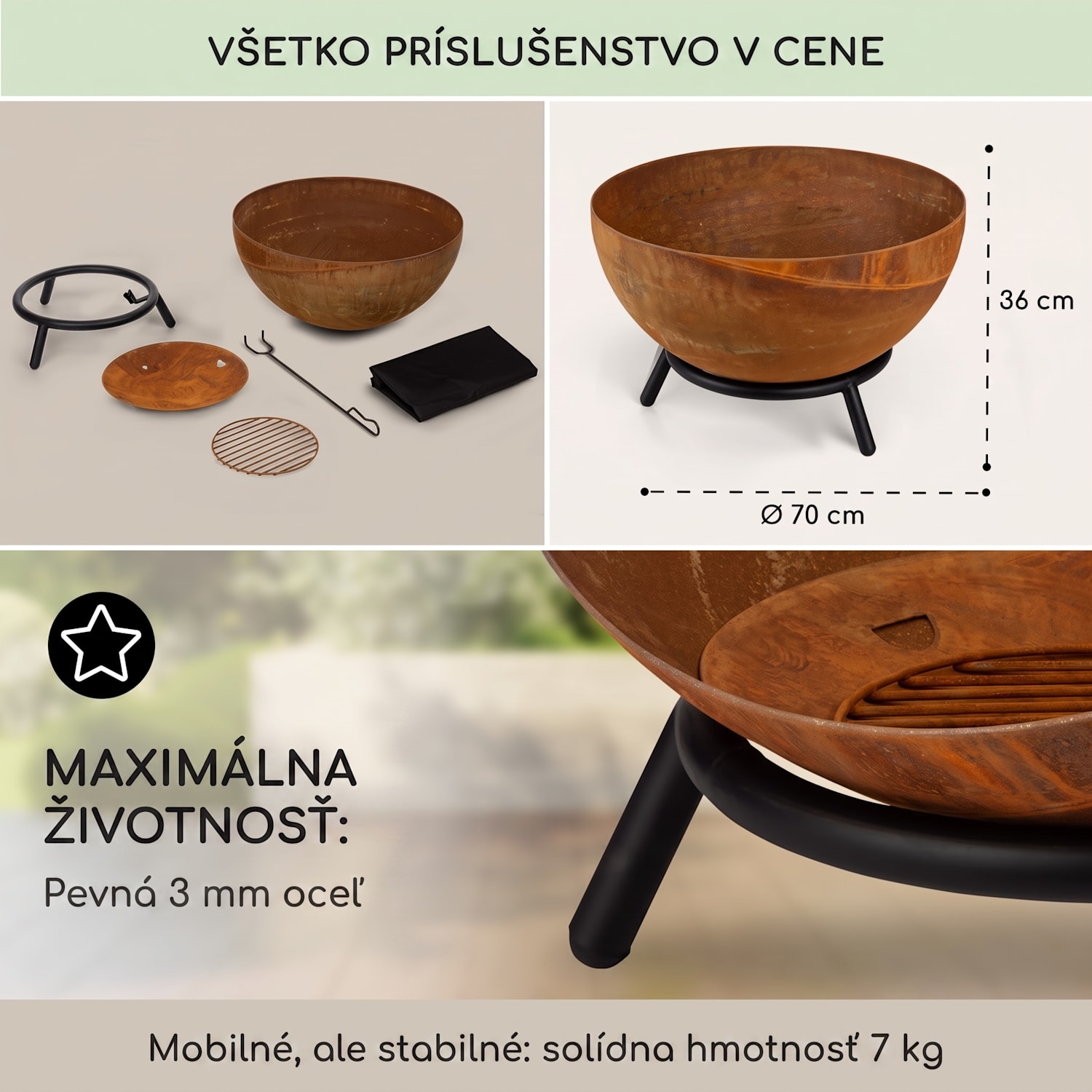 Fireball Rust, ohnisko, Ø 60 cm, výklopný rošt, hrdzavý vzhľad nízka | Corten oceľ | Hrdza