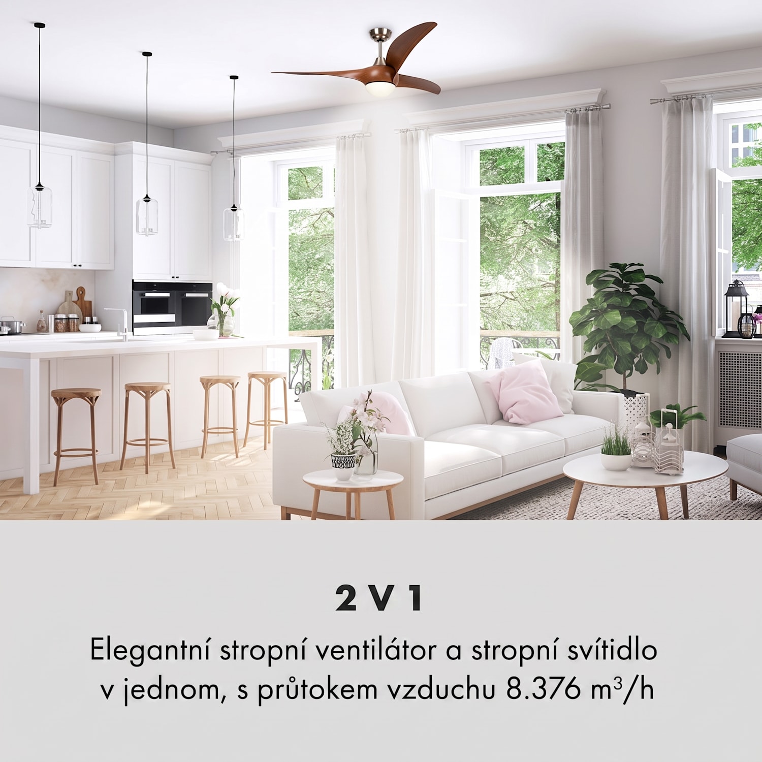 Monteverde, stropní ventilátor, stropní světlo, 52", 8376 m³/h, 3 lopatky 132 cm (místnosti 13–25 m²) | Dálkové ovládání | Ořech