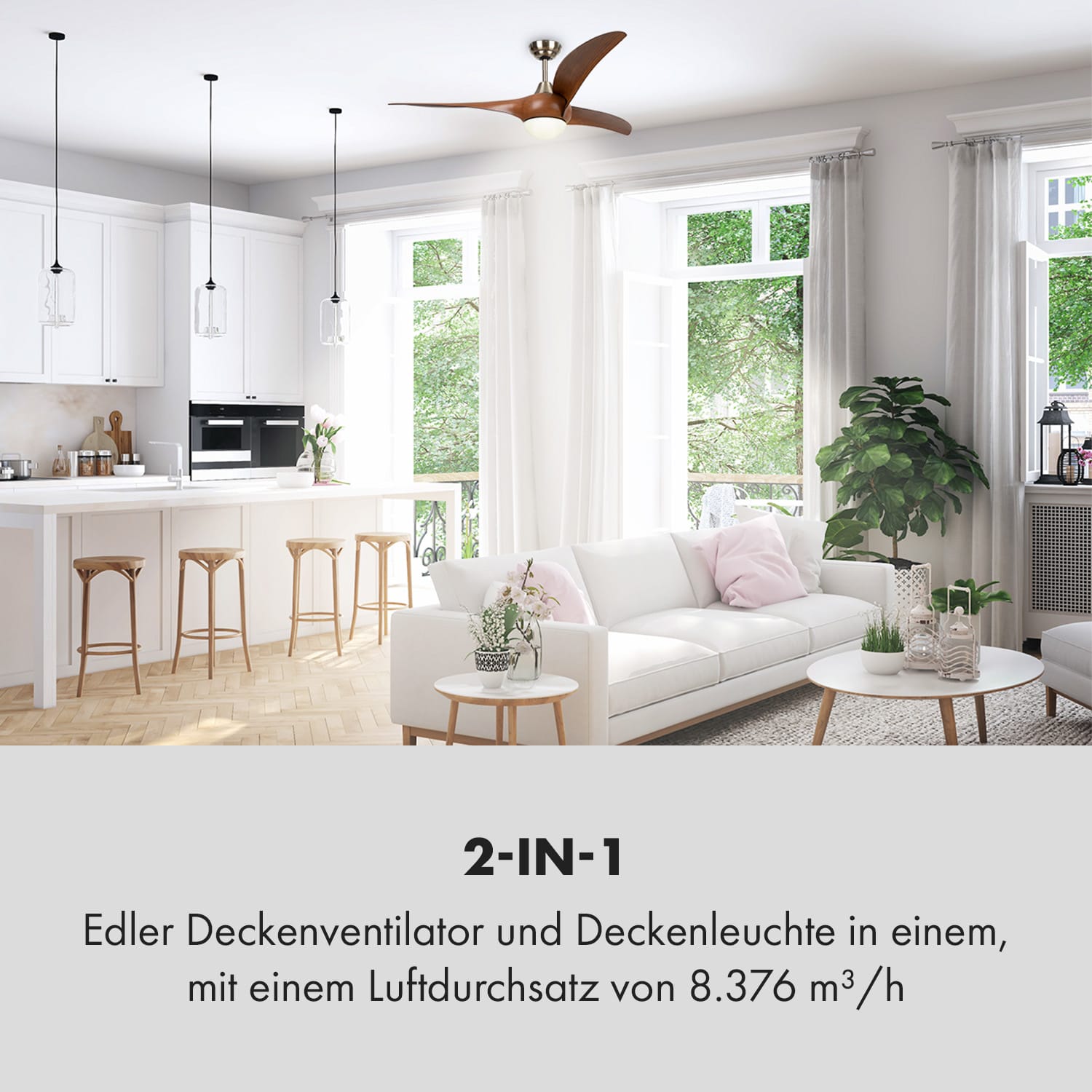 Monteverde Deckenventilator Deckenleuchte 52" 8.376m³/h 3 Flügel 132 cm (Räume 13–25 m²) | Fernbedienung | Walnuss