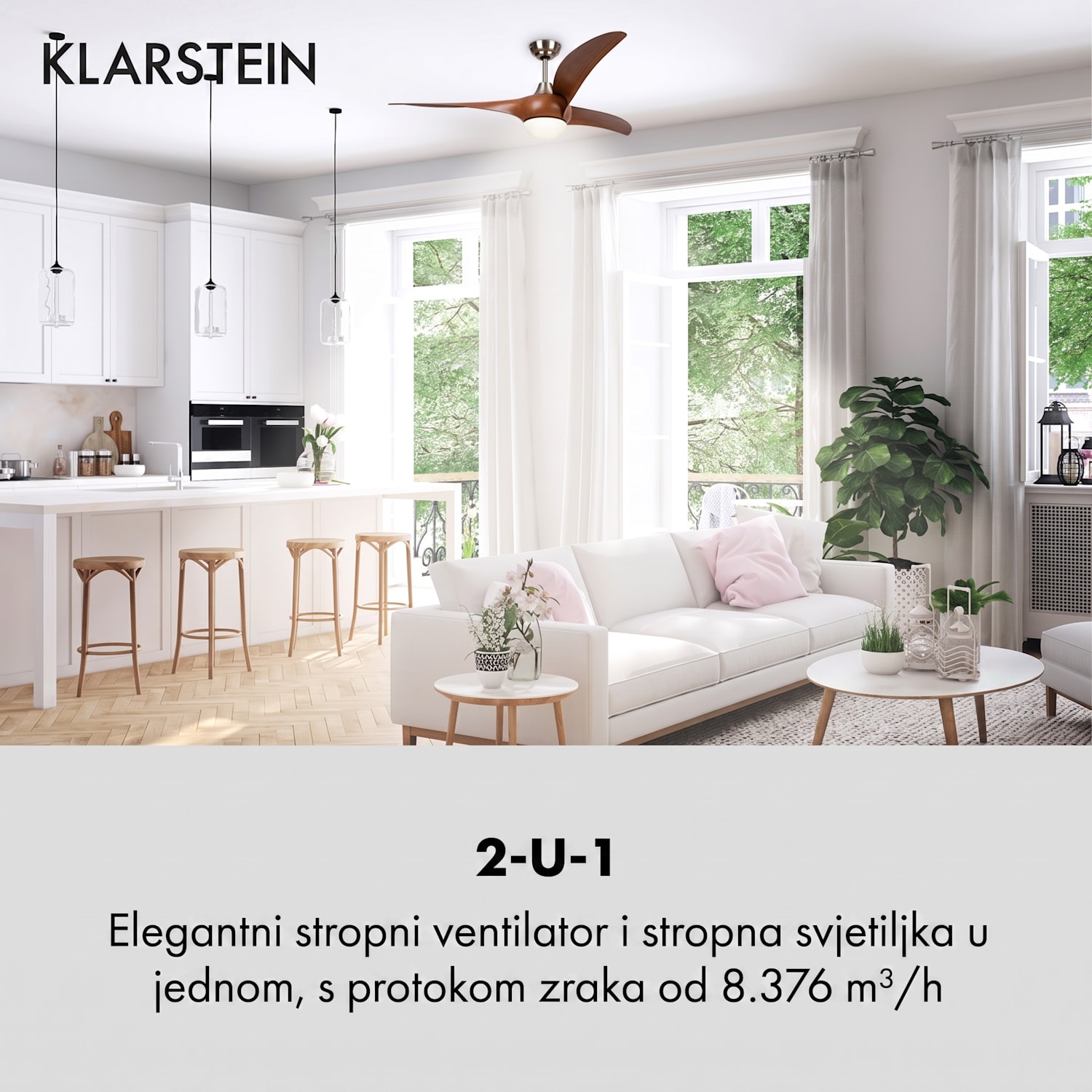 Monteverde, stropni ventilator, stropno svjetlo, 52 ", 8376 m³ / h, 3 lopatice 132 cm (sobe 13–25 m²) | Daljinski upravljač | Orah