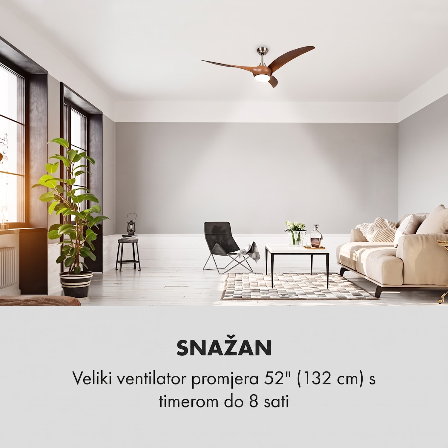 Monteverde, stropni ventilator, stropno svjetlo, 52 ", 8376 m³ / h, 3 lopatice 132 cm (sobe 13–25 m²) | Daljinski upravljač | Orah